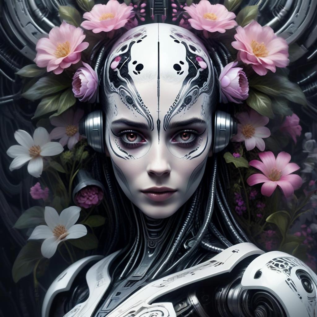 Futuristic Biomechanical Woman Surrounded by Flowers Futuristic Biomechanical Woman Surrounded by Flowers