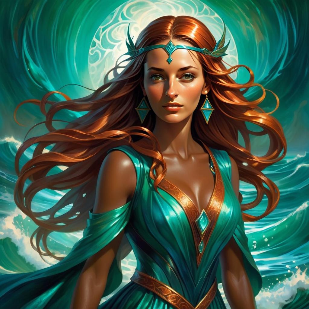 Fantasy Portrait of Woman with Red Hair in Turquoise Gown