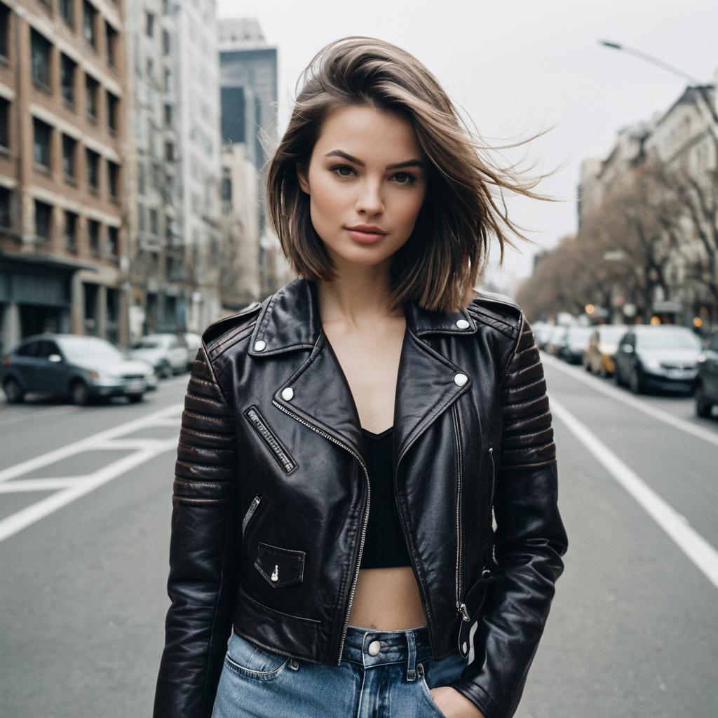 Confident Young Woman in Black Leather Jacket on Urban Street