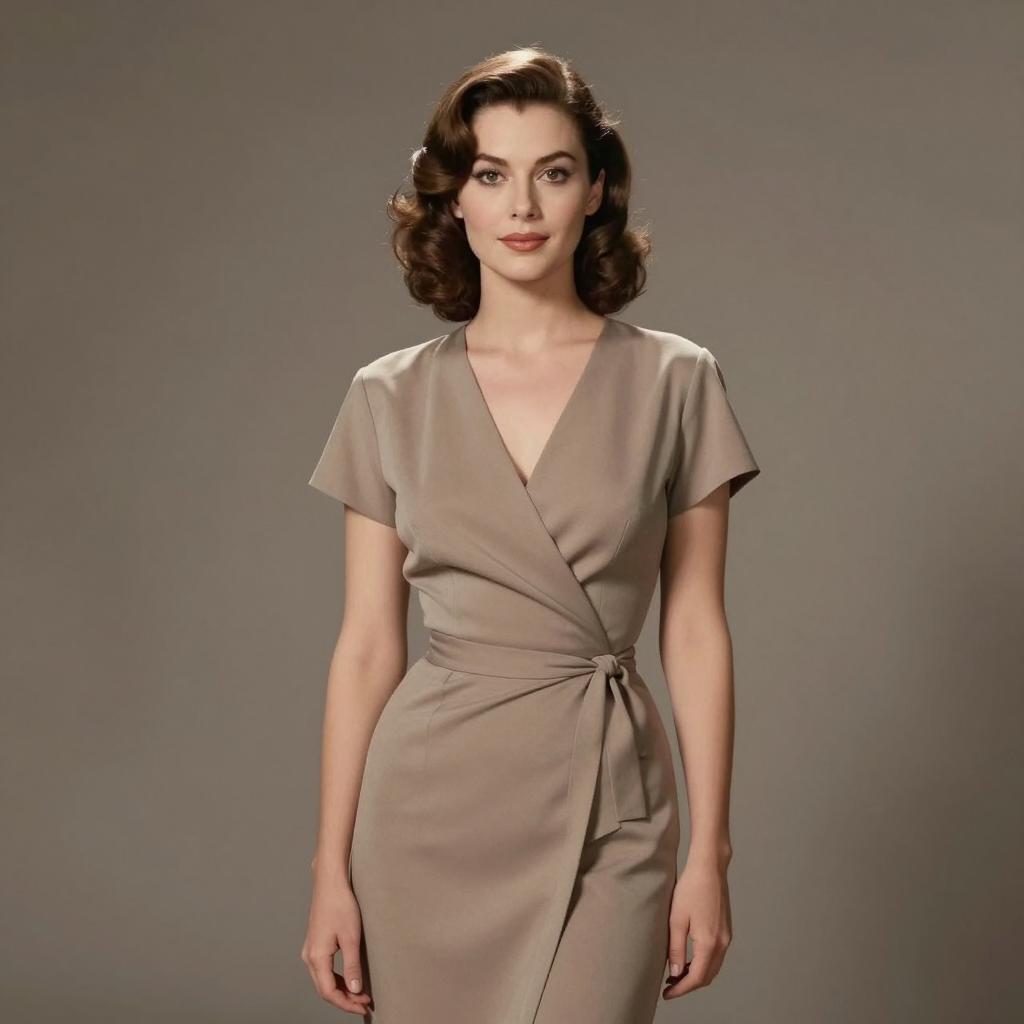 Elegant Woman in Taupe Wrap Dress with Vintage Hairstyle