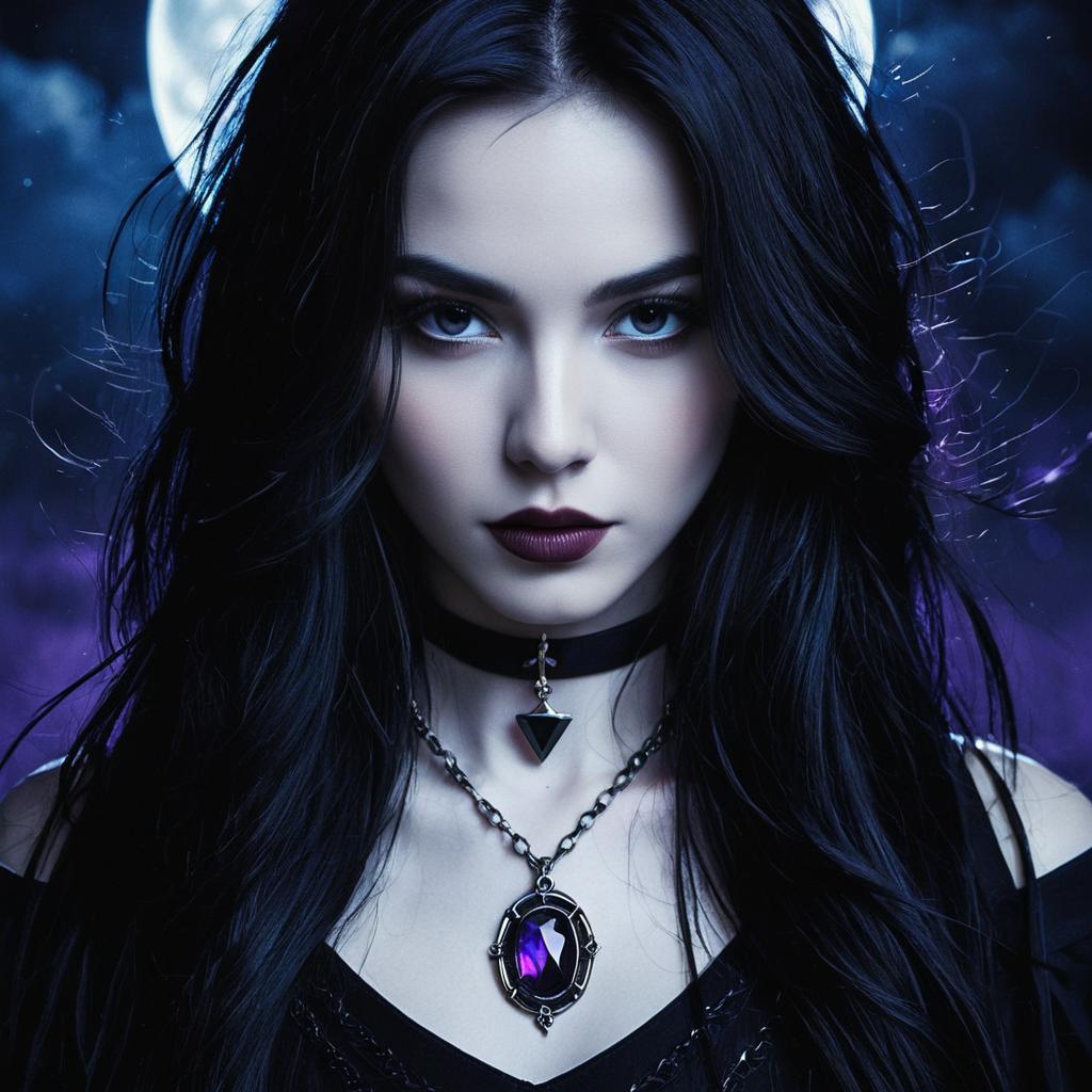 Mystical Gothic Woman Portrait with Moonlit Background