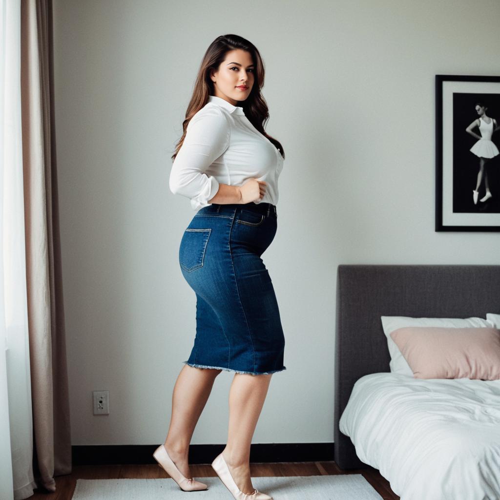 Confident Woman in Denim Skirt and White Blouse Indoor Fashion Portrait