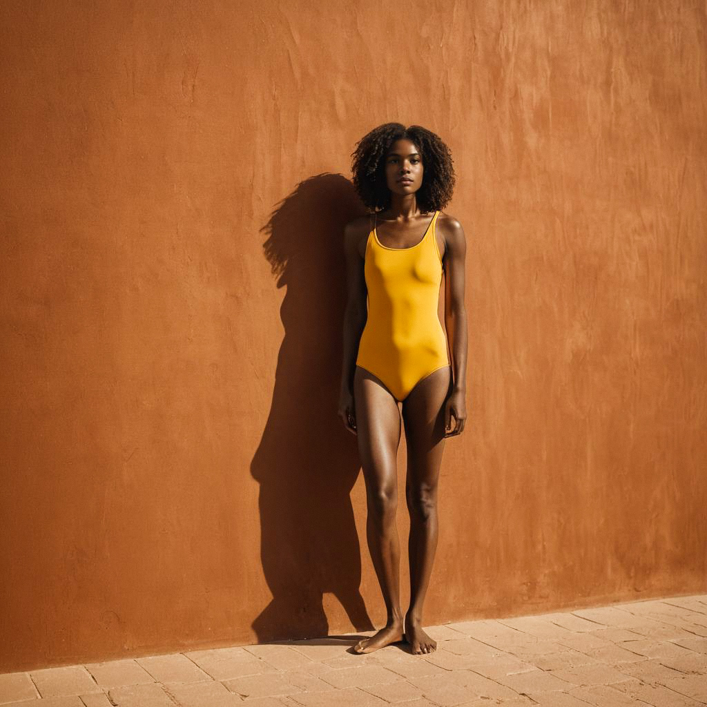 Woman in Yellow Swimsuit Against Terracotta Wall