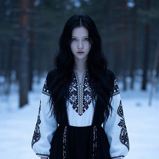 Mystical Woman in Traditional Black and White Embroidered Dress in Snowy Forest