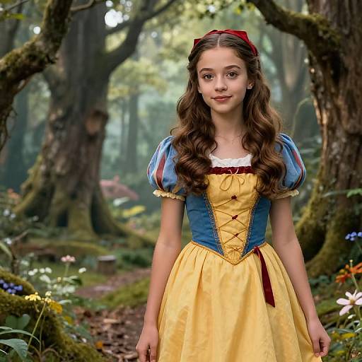 Young Girl in Snow White Costume in Enchanted Forest