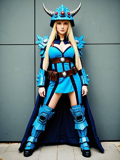 Woman in Blue Fantasy Warrior Armor Cosplay Costume with Horned Helmet