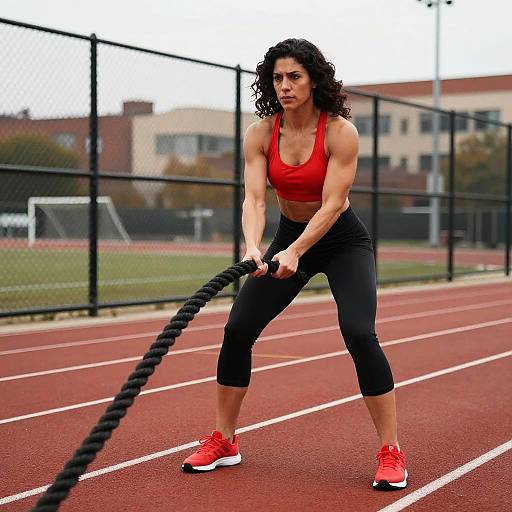 Woman Exercising with Battle Ropes on Outdoor Running Track