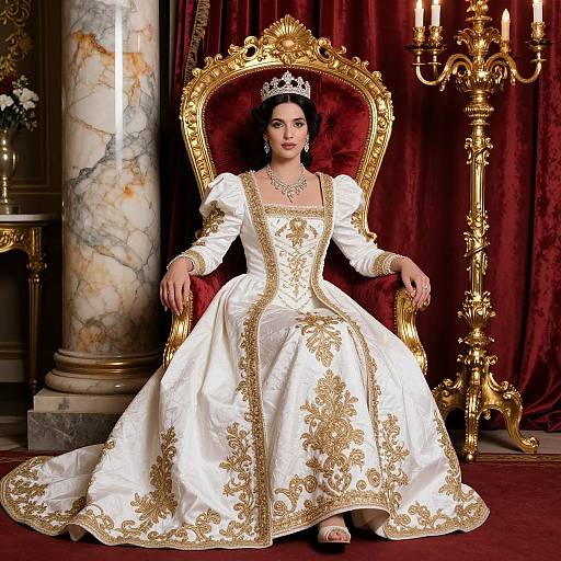 Regal Woman in White and Gold Embroidered Gown on Golden Throne