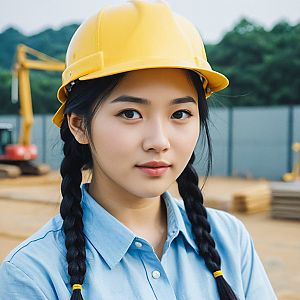 Confident Woman in Yellow Helmet at Construction Site