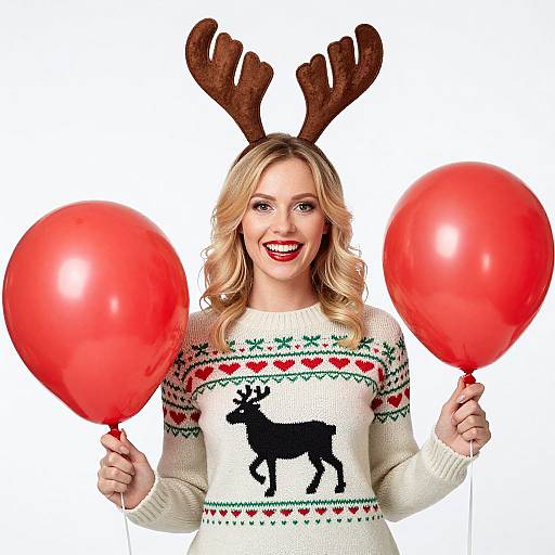 Festive Woman with Reindeer Sweater and Red Balloons Celebrating Holidays
