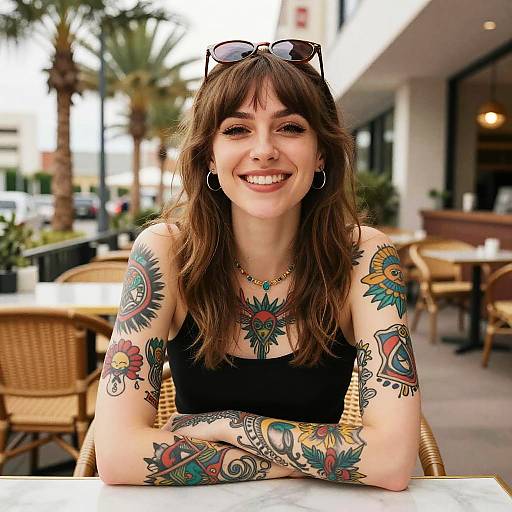 Smiling Woman with Colorful Tattoos at Outdoor Cafe