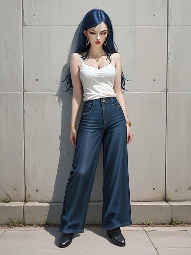 Realistic Full-Body Illustration of Woman in Casual White Sleeveless Top and Wide-Leg Blue Pants