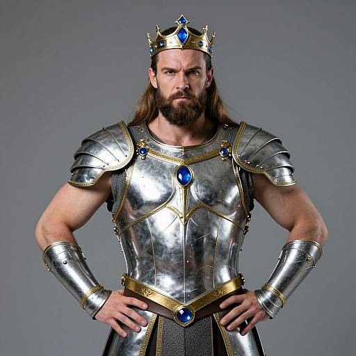 Medieval King in Silver Armor with Blue Gemstone Crown and Gauntlets