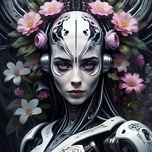 Futuristic Biomechanical Woman Surrounded by Flowers