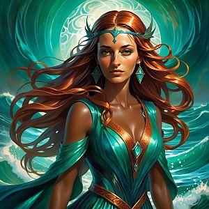 Fantasy Portrait of Woman with Red Hair in Turquoise Gown