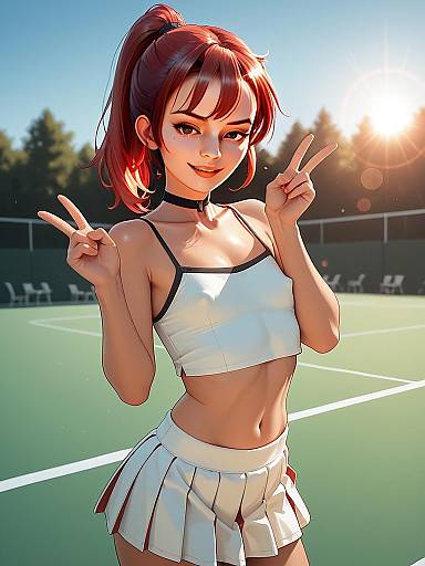 Anime Style Young Woman Posing on Tennis Court with Double Peace Sign
