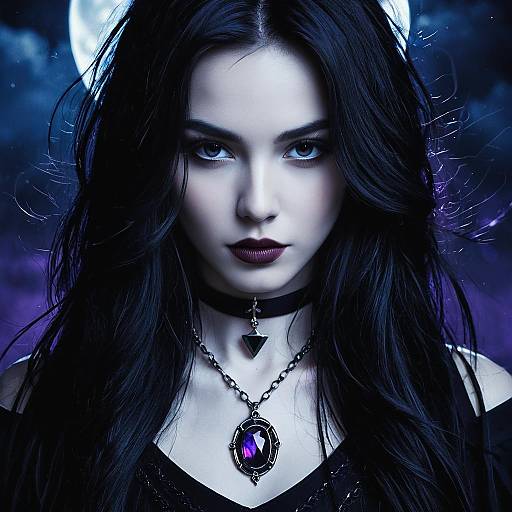 Mystical Gothic Woman Portrait with Moonlit Background