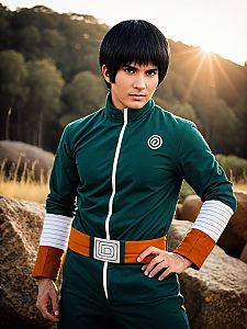 Man in Realistic Rock Lee Anime Cosplay Costume Outdoors
