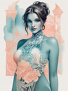 Ethereal Woman with Floral Butterfly Tattoos