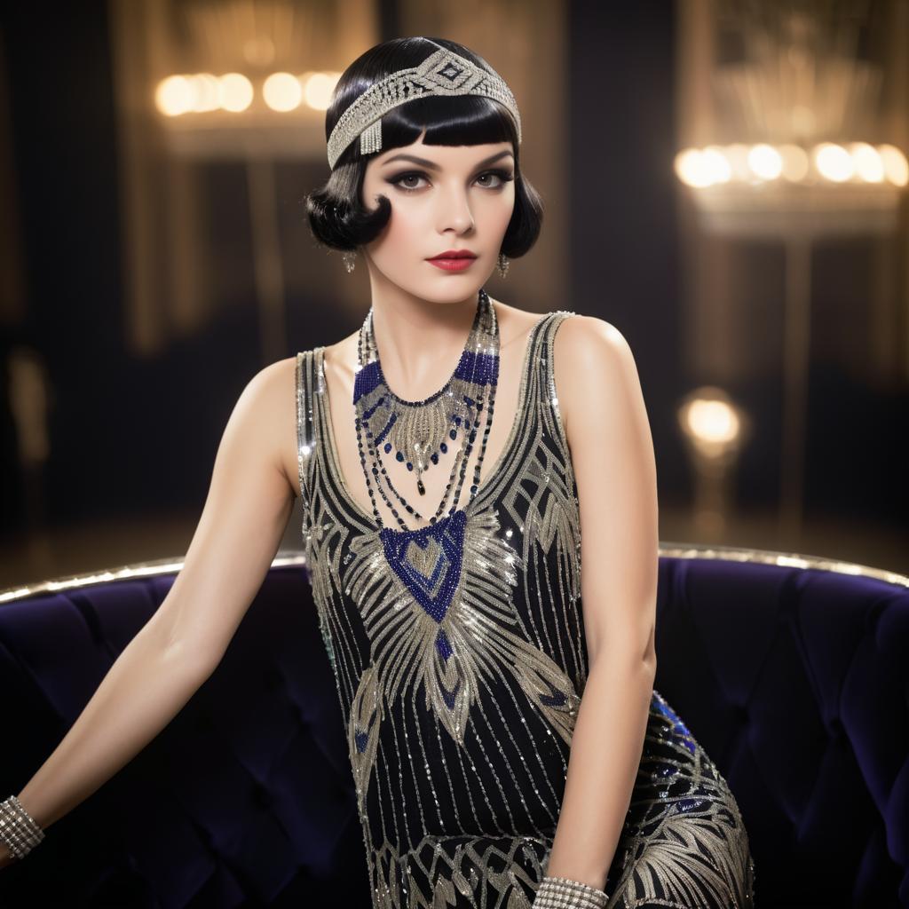 Glamorous 1920s Flapper Woman in Art Deco Setting