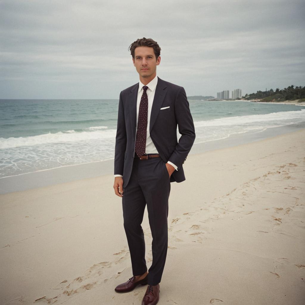 Man in Stylish Suit on Serene Beach