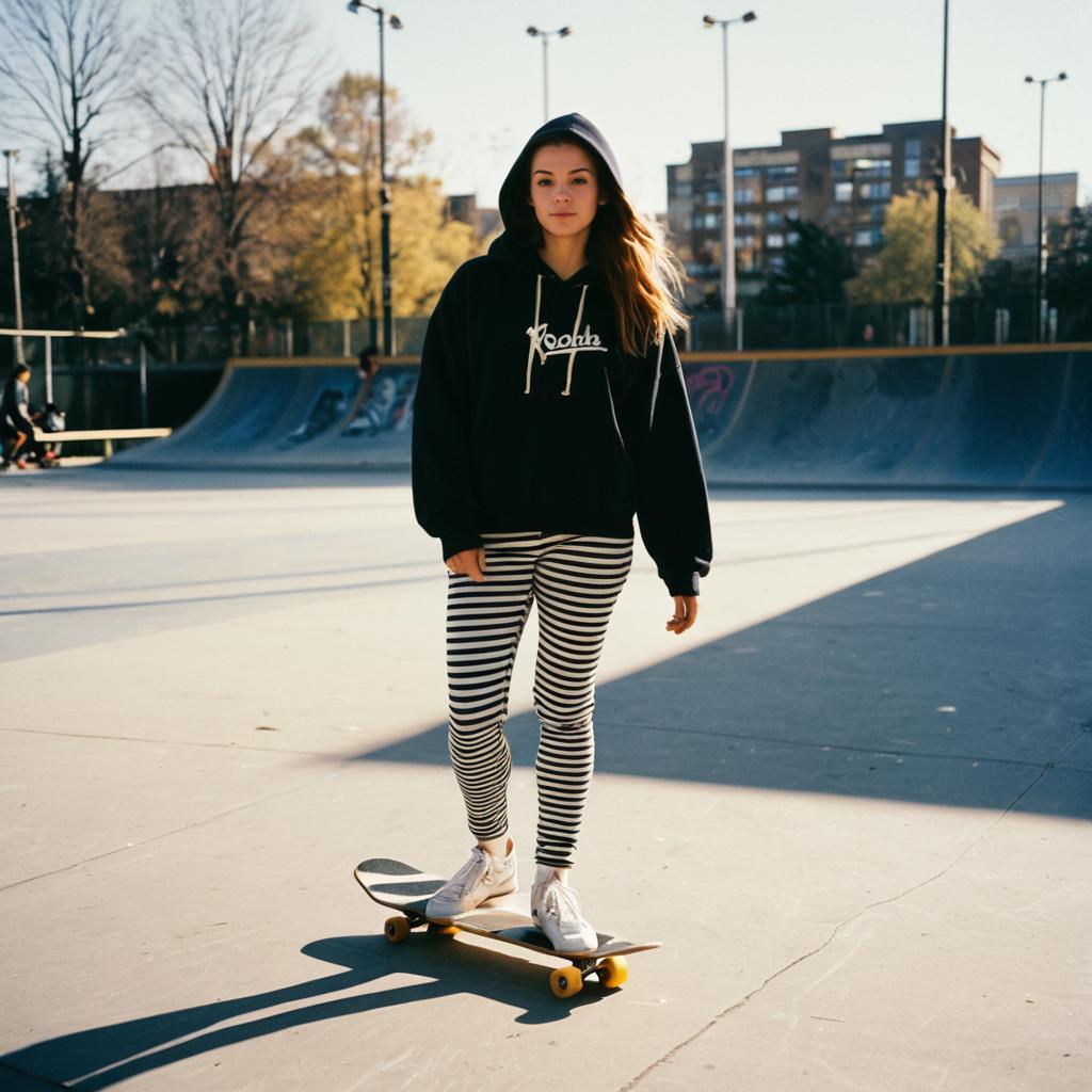 Young Woman Skateboarding at Urban Skatepark in Casual Outfit