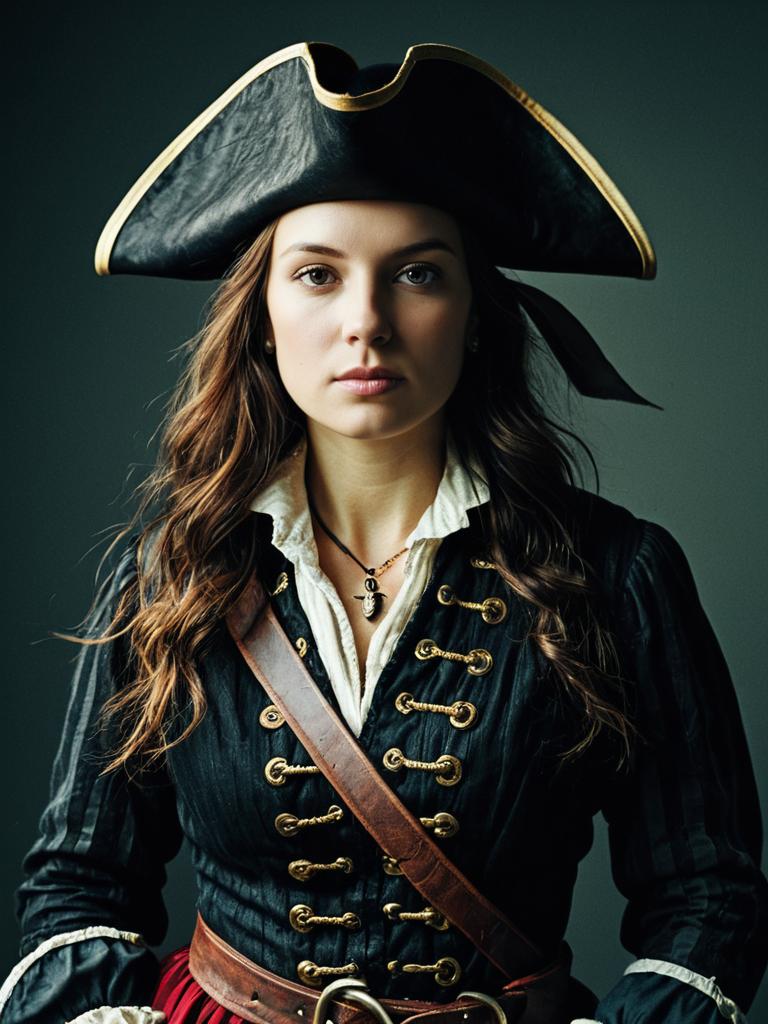 Photorealistic Studio Portrait of Woman in Authentic Pirate Costume