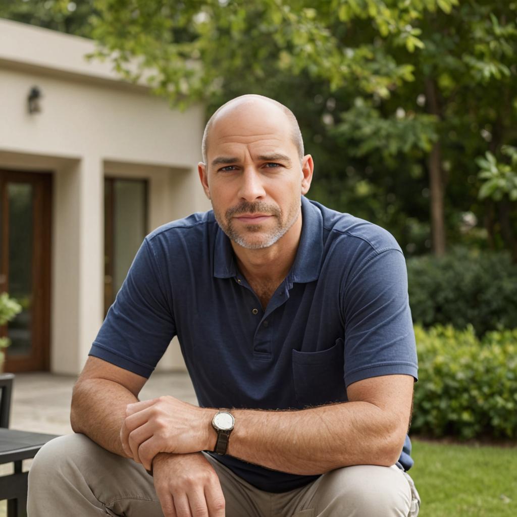 Contemplative Man on Modern Patio Surrounded by Greenery