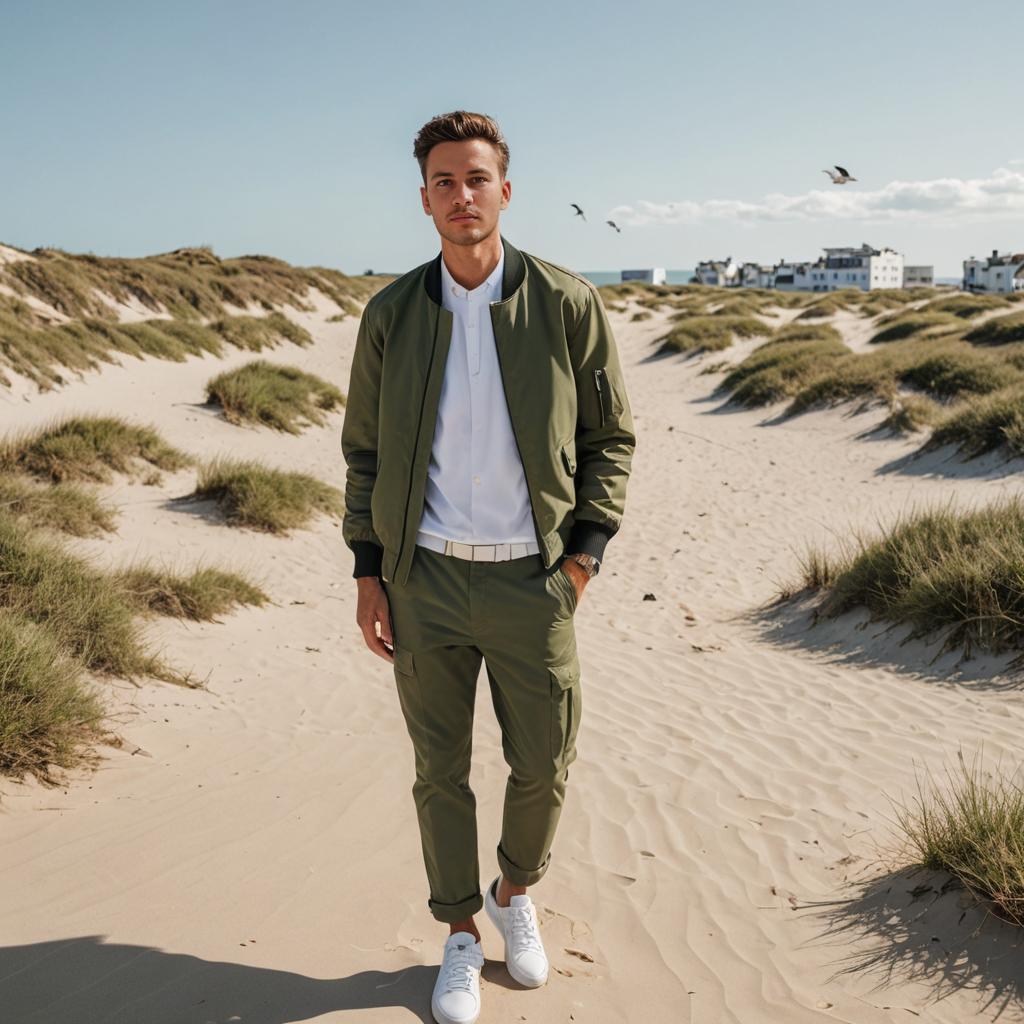 Confident Man in Green Bomber Jacket at Sand Dunes