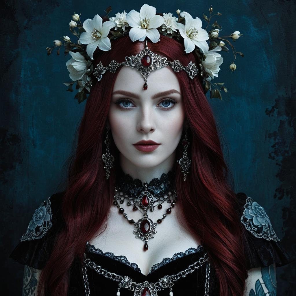 Gothic Woman with Red Hair and Floral Crown in Dark Fantasy Portrait
