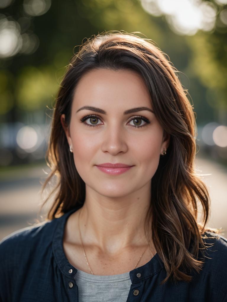 Woman in dark blue shirt with wavy hair