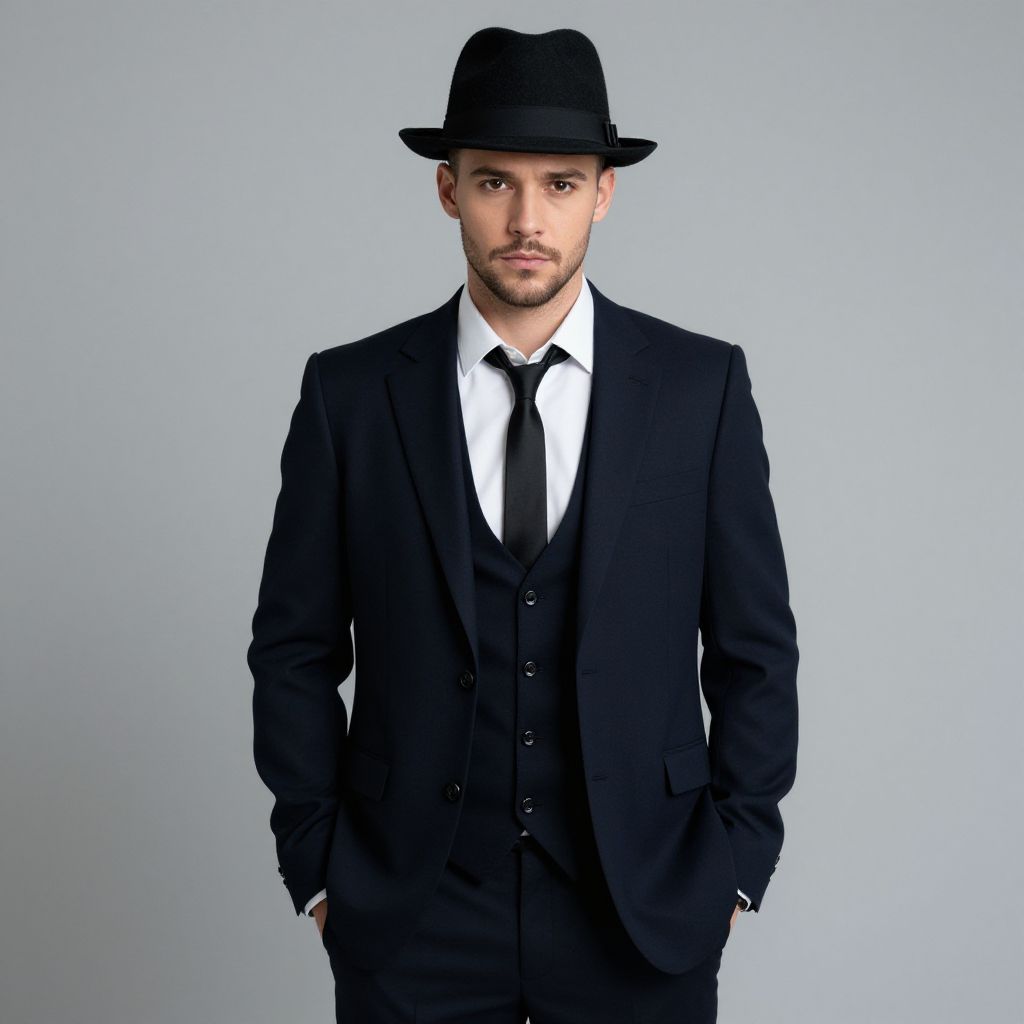 Confident Man in Sharp Black Three-Piece Suit with Fedora Hat