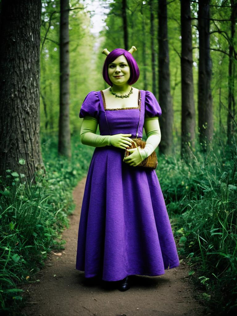 Woman in Purple Dress Shrek Cosplay Photorealistic Full Body Costume