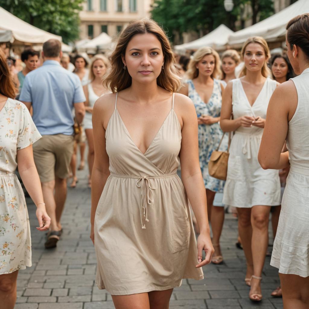 Confident Woman in Casual Beige Dress in Urban Crowd