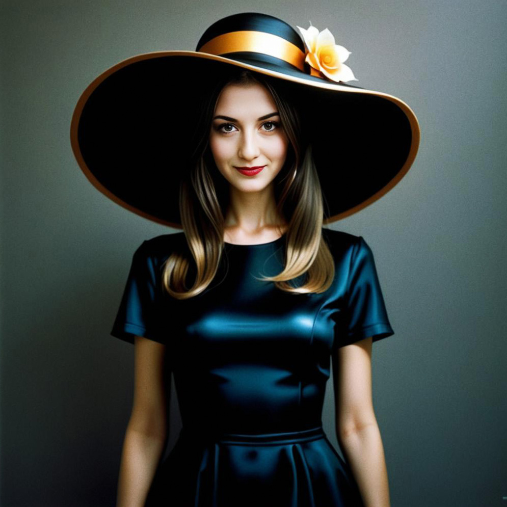 Elegant Woman in Wide-Brimmed Hat and Black Satin Dress