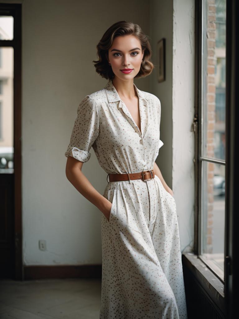 Elegant Woman in Vintage Polka-Dot Dress by Window