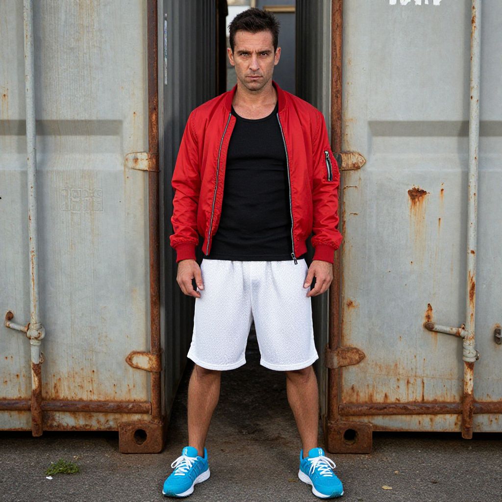Man in Red Bomber Jacket and Blue Sneakers Standing by Industrial Container