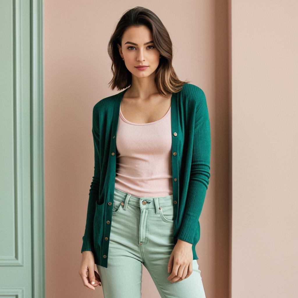 Modern Casual Fashion Young Woman in Teal Cardigan and Mint Jeans