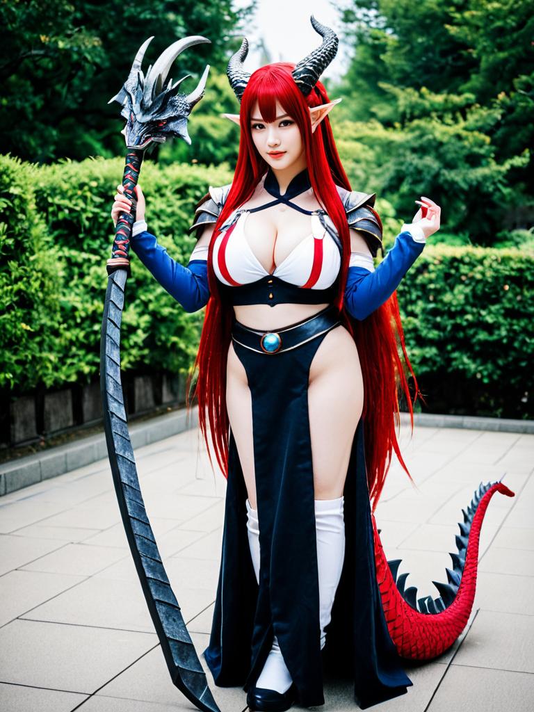 Demon Cosplay Woman with Dragon Staff and Red Hair
