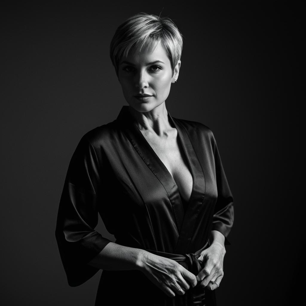 Elegant Black and White Portrait of Woman in Satin Robe