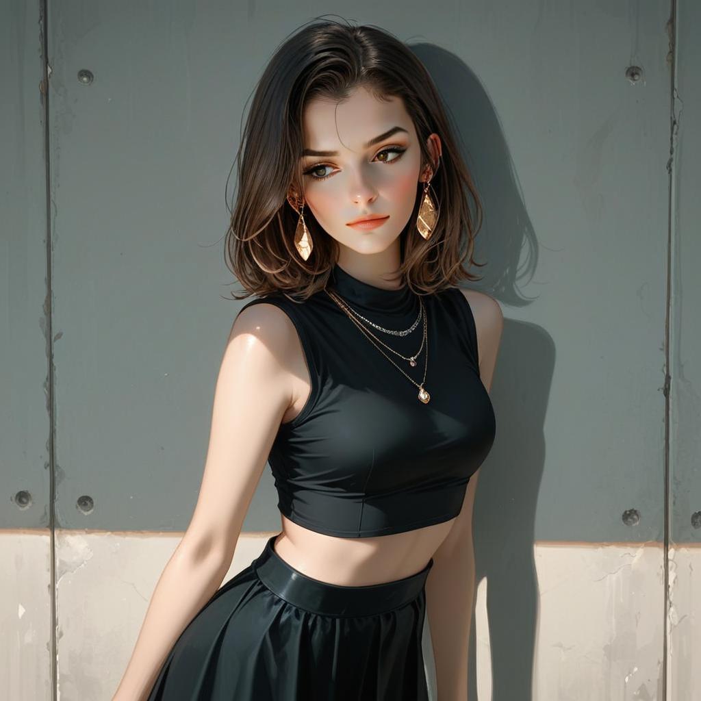 Elegant Woman in Black Crop Top and Skirt Digital Illustration