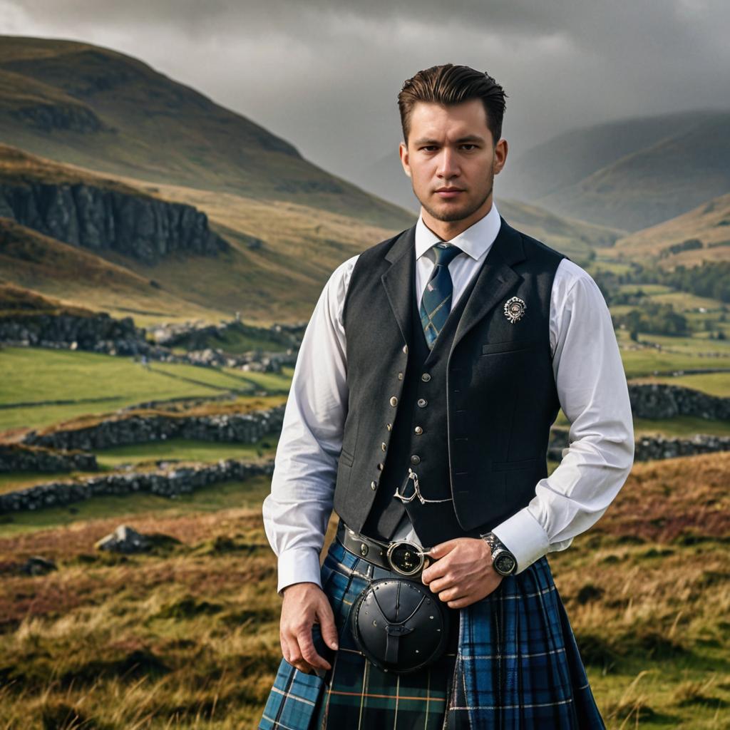 Man in Scottish Attire with Highland Landscape