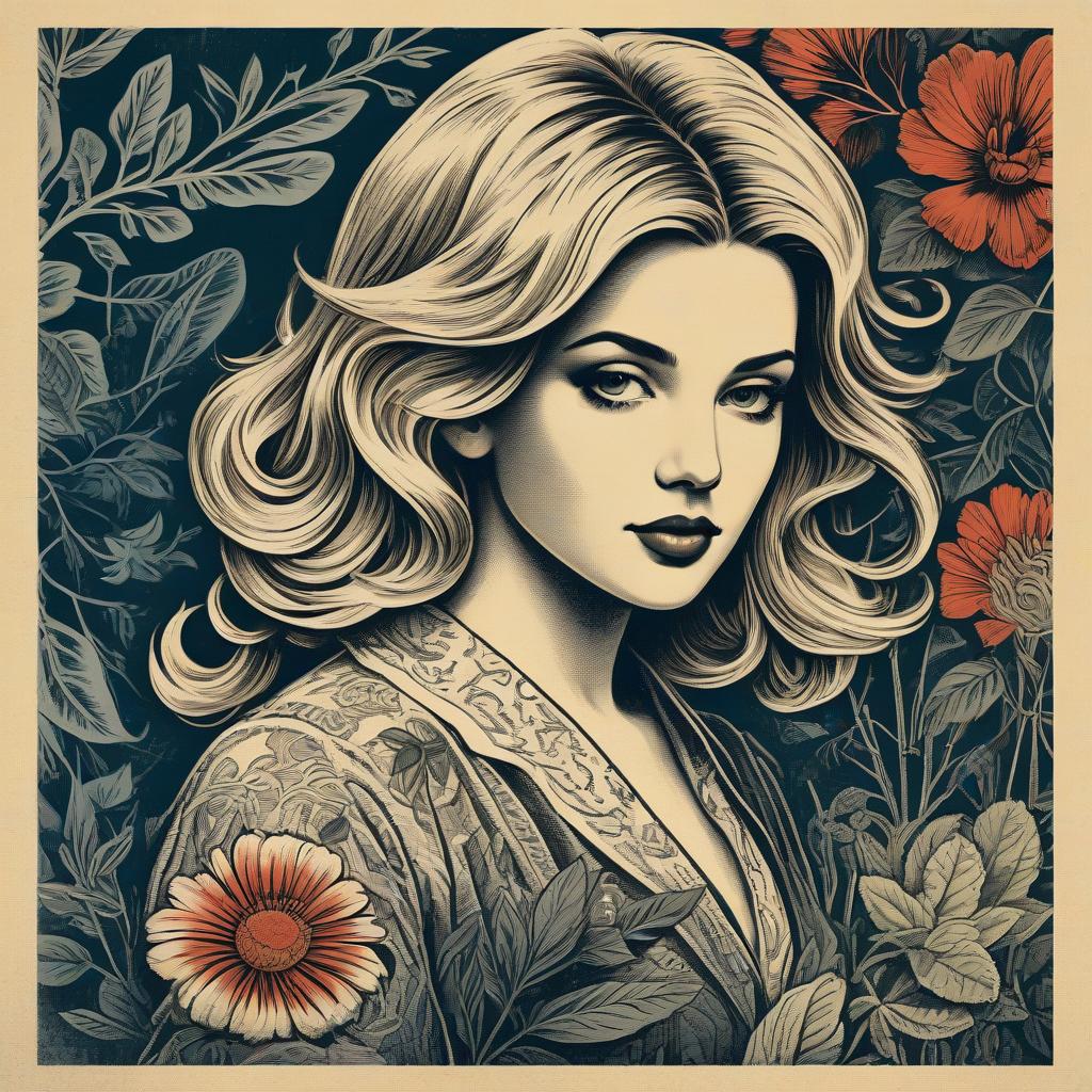 Woman with Voluminous Hair and Floral Elements
