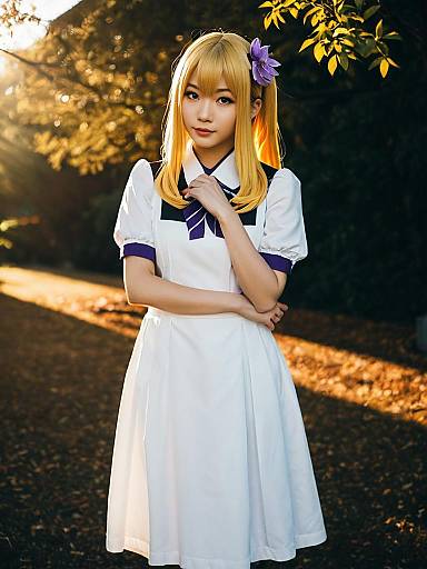 Realistic Shinobu Oshino Cosplay Woman in White and Purple Dress Outdoors