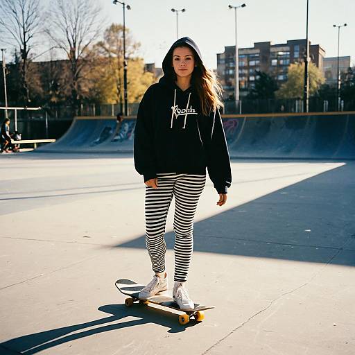 Young Woman Skateboarding at Urban Skatepark in Casual Outfit