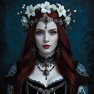 Gothic Woman with Red Hair and Floral Crown in Dark Fantasy Portrait