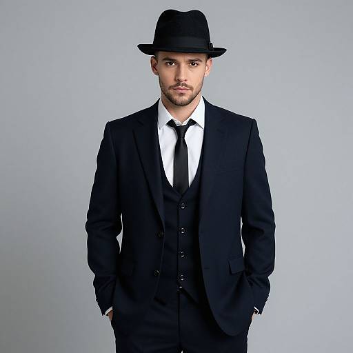 Confident Man in Sharp Black Three-Piece Suit with Fedora Hat