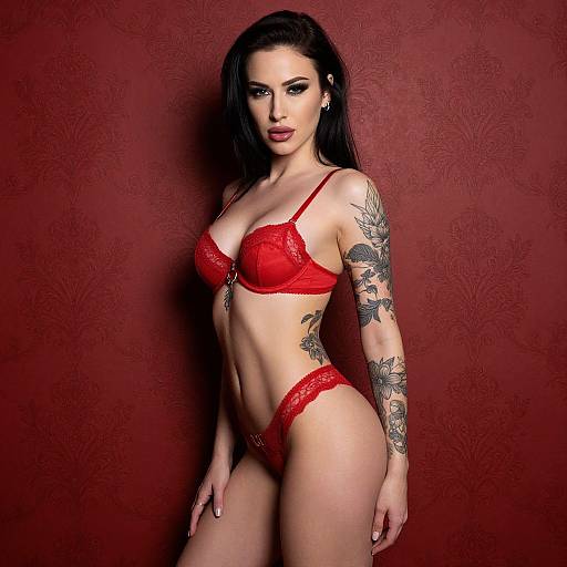 Woman in Red Lingerie with Floral Tattoos Against Red Patterned Wall