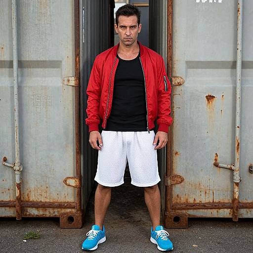 Man in Red Bomber Jacket and Blue Sneakers Standing by Industrial Container