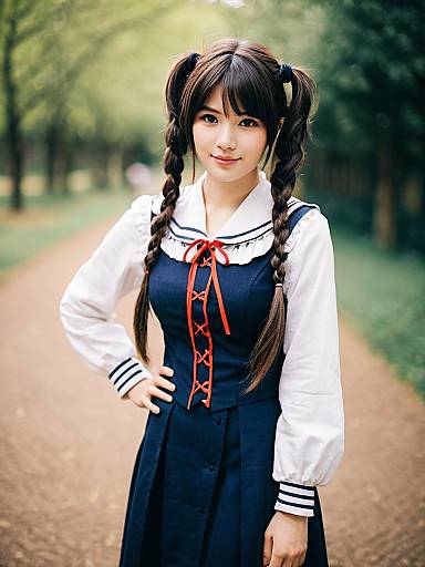 Young Woman in Navy Blue Sailor-Style Dress with Braided Twin Tails